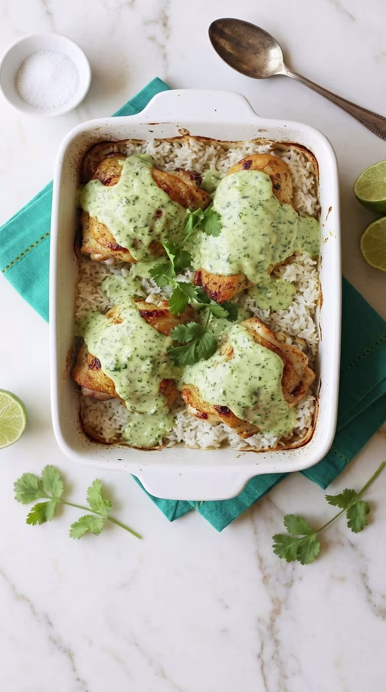 A white ceramic baking dish containing four roasted bone-in chicken thighs topped with creamy tomatillo ranch sauce and fresh cilantro, served over a bed of white rice on a marble countertop.