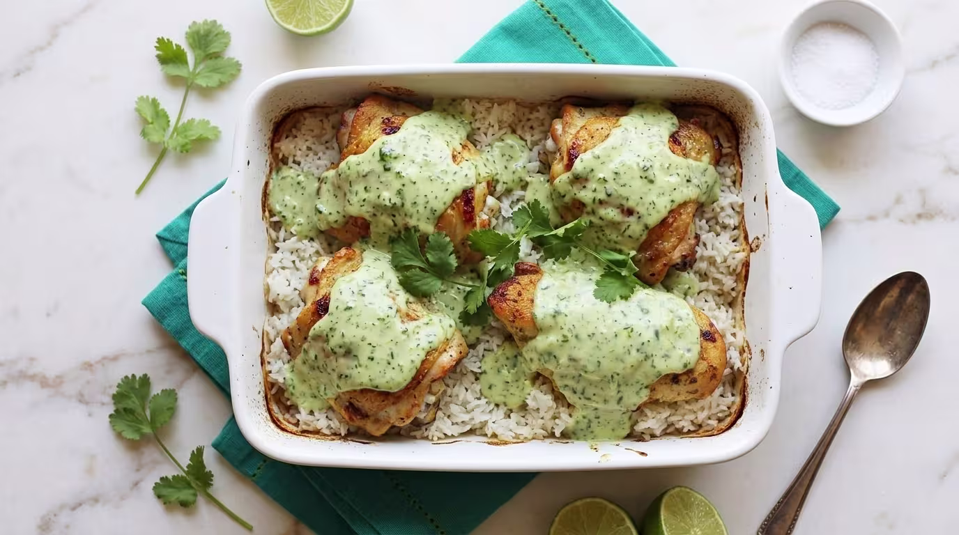 A white ceramic baking dish containing four roasted bone-in chicken thighs topped with creamy tomatillo ranch sauce and fresh cilantro, served over a bed of white rice on a marble countertop.