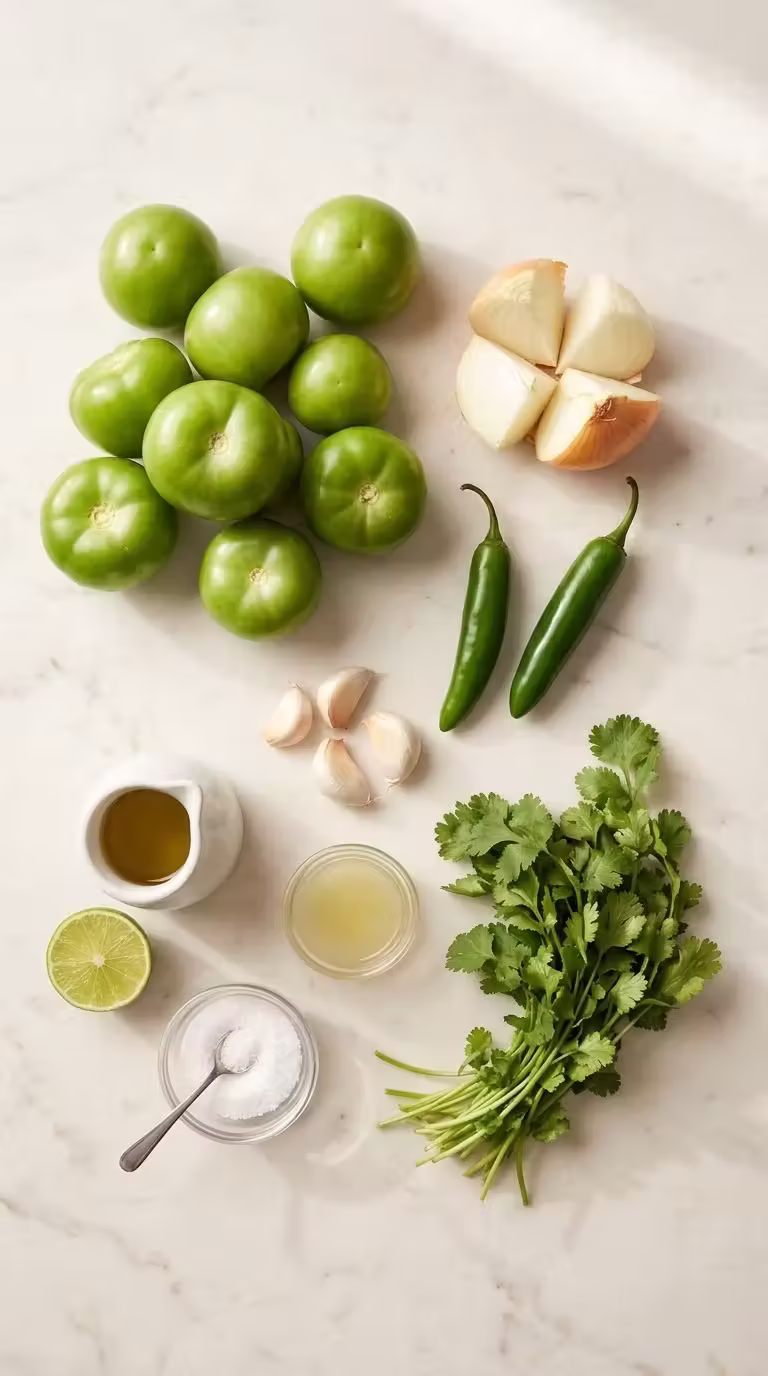 Flat lay of fresh ingredients for Tomatillo Salsa Verde including 9 green tomatillos, serrano peppers, white onion chunks, garlic cloves, cilantro, and lime on a marble surface.