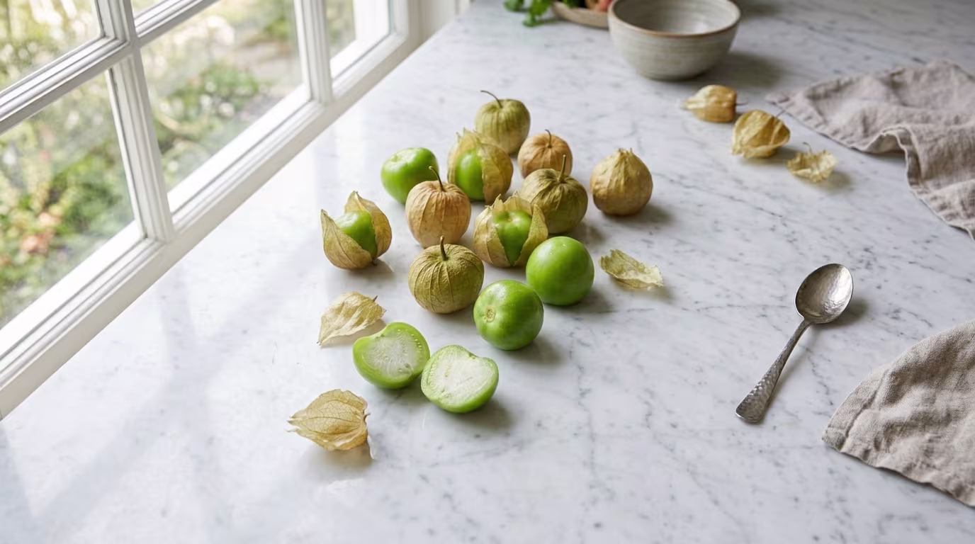 Fresh tomatillos whole husked and sliced open on white marble showing green skin and white interior