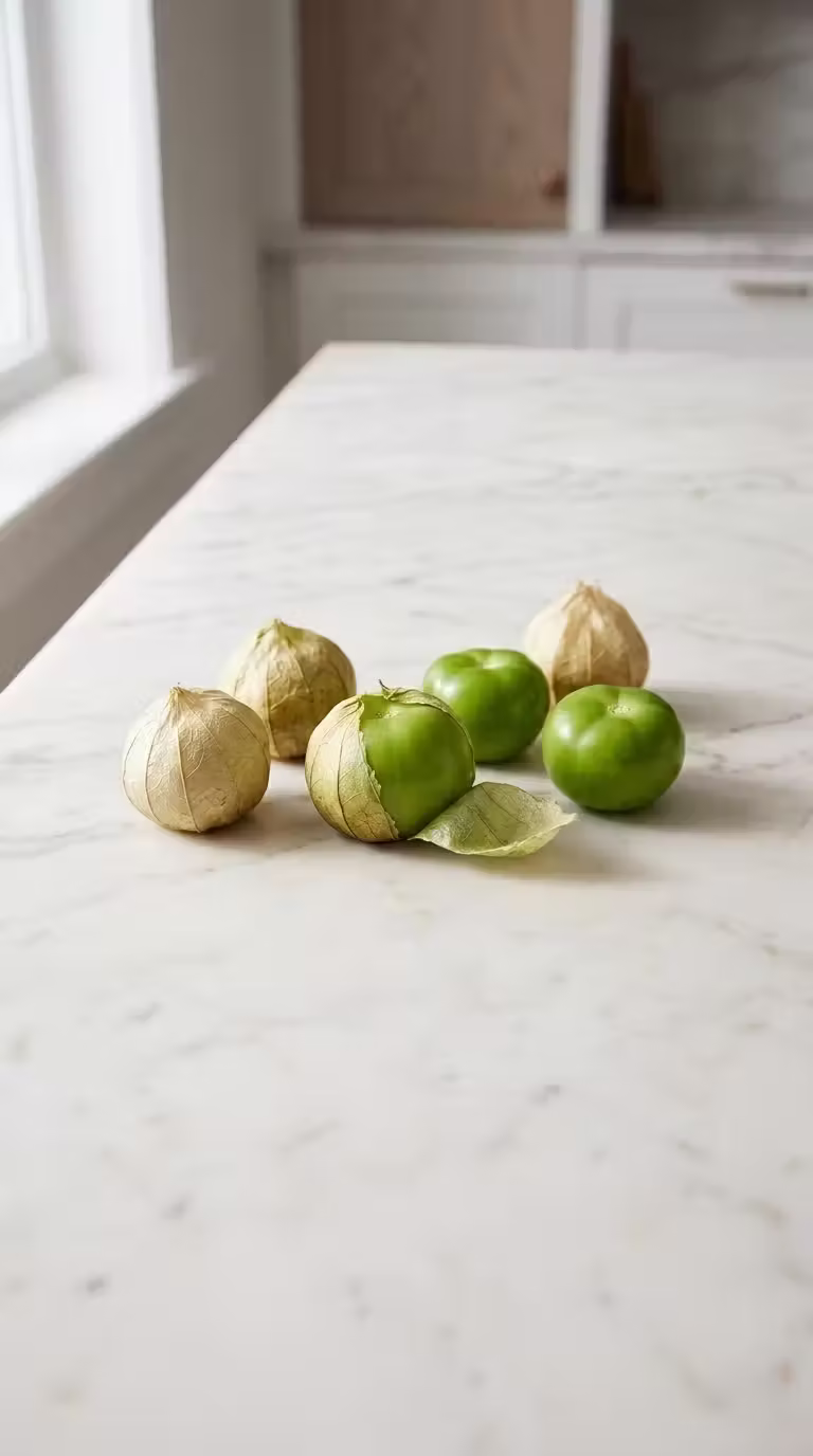 Six fresh green tomatillos on a white marble counter, showing the papery tan husks and the firm green fruit inside.