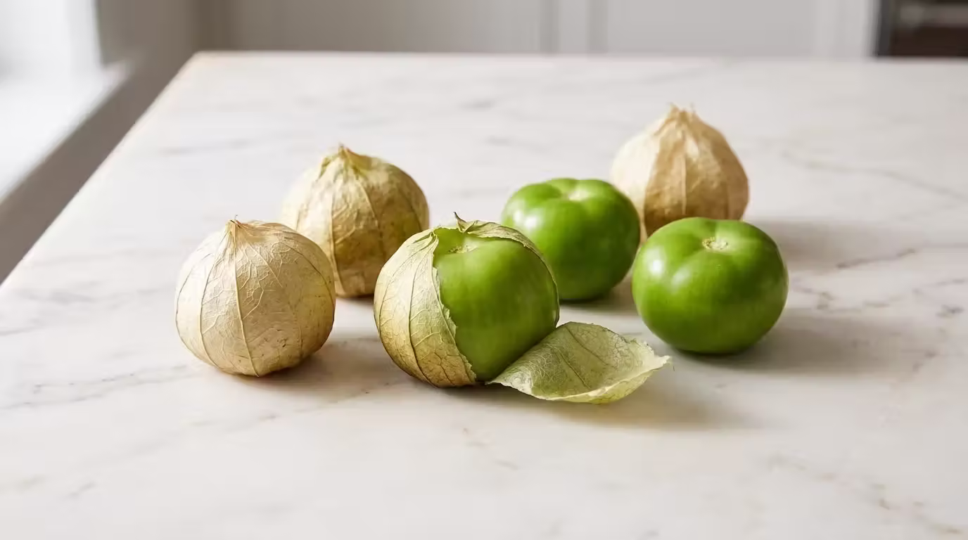 Six fresh green tomatillos on a white marble counter, showing the papery tan husks and the firm green fruit inside.