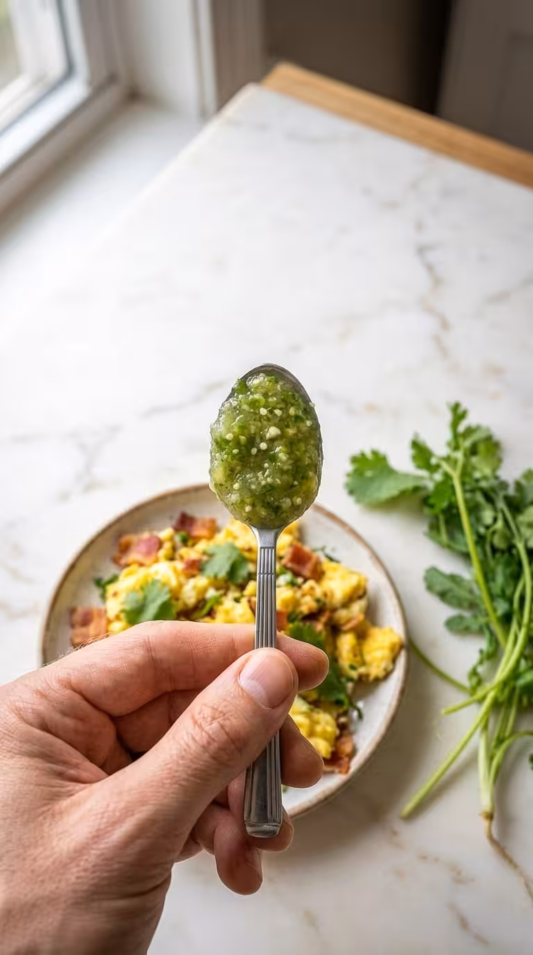 A close-up of chunky green salsa verde on a spoon, illustrating the texture of blended tomatillos, served over a breakfast of eggs and bacon.