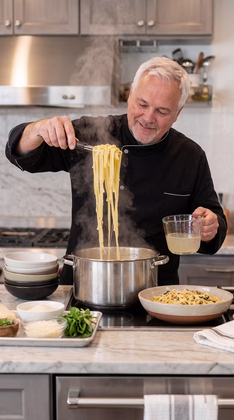 Chef Thomas lifting cooked fettuccine pasta with tongs from a steaming pot while holding a measuring cup of reserved pasta water for the Tomatillo Chicken Pasta sauce.