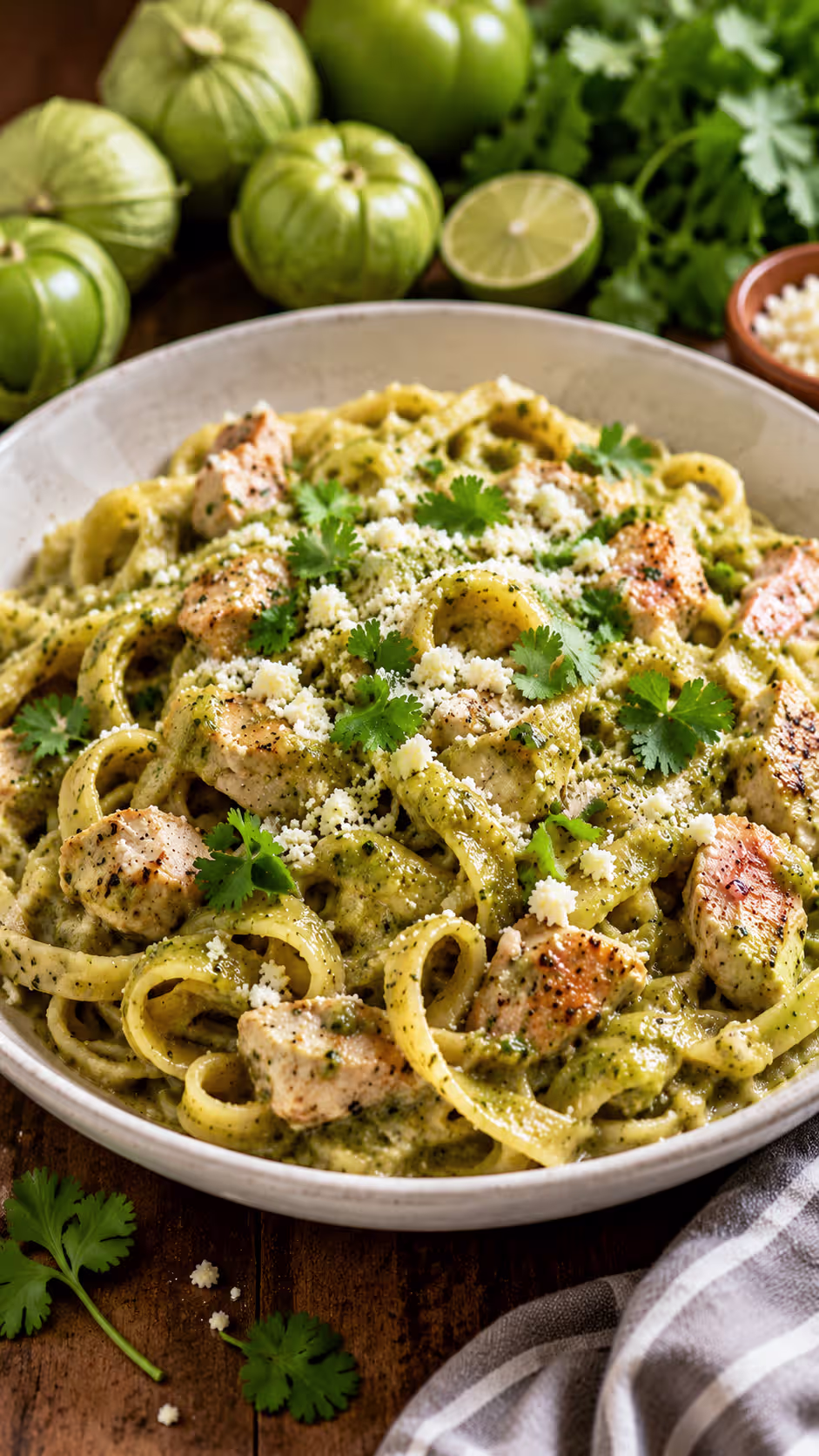 Tomatillo Chicken Pasta served in a white bowl with seared chicken, creamy roasted tomatillo sauce, Cotija cheese, and fresh cilantro