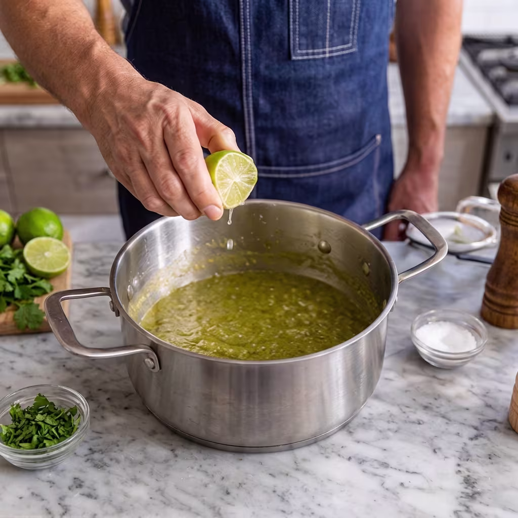 Close-up of a chef squeezing fresh lime juice into a pot of simmering roasted tomatillo sauce on a marble countertop.