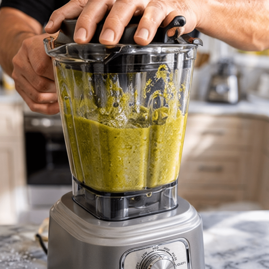Close-up of a chef blending roasted tomatillos and peppers into a smooth green sauce.