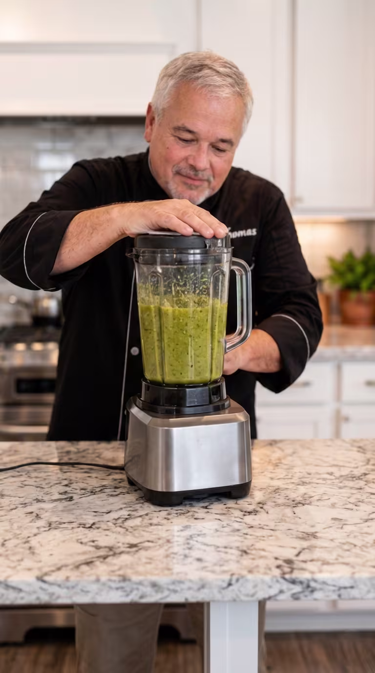 Chef Thomas using a blender to create a smooth green tomatillo sauce with roasted garlic and jalapeño for a Tomatillo Chicken Pasta recipe.