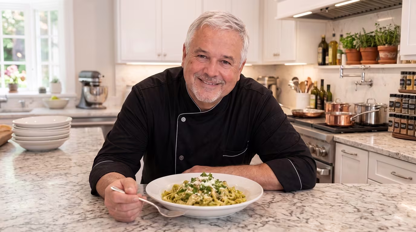 Chef Thomas Presenting Finished Tomatillo Chicken Pasta