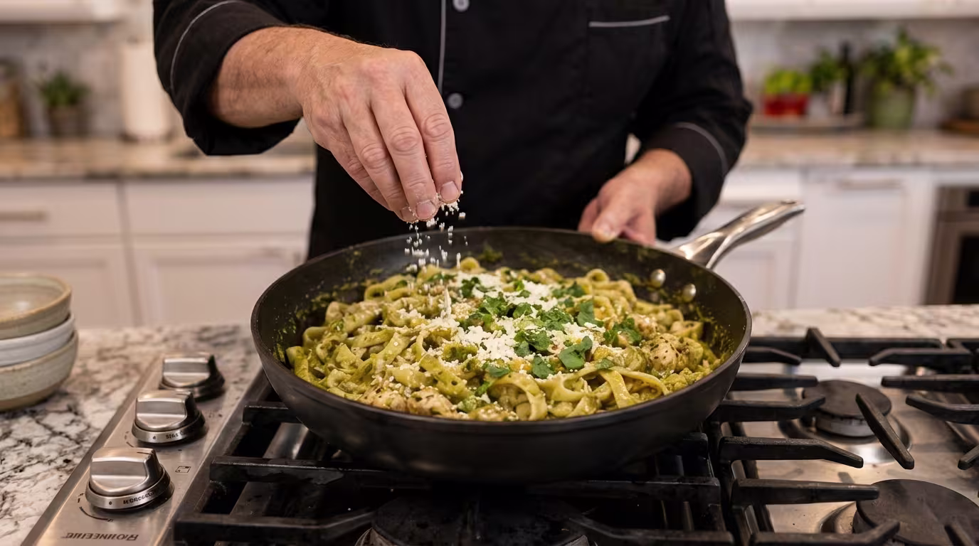 A close-up shot of a chef's hands sprinkling grated Cotija cheese over a skillet of creamy Tomatillo Chicken Pasta garnished with fresh cilantro.