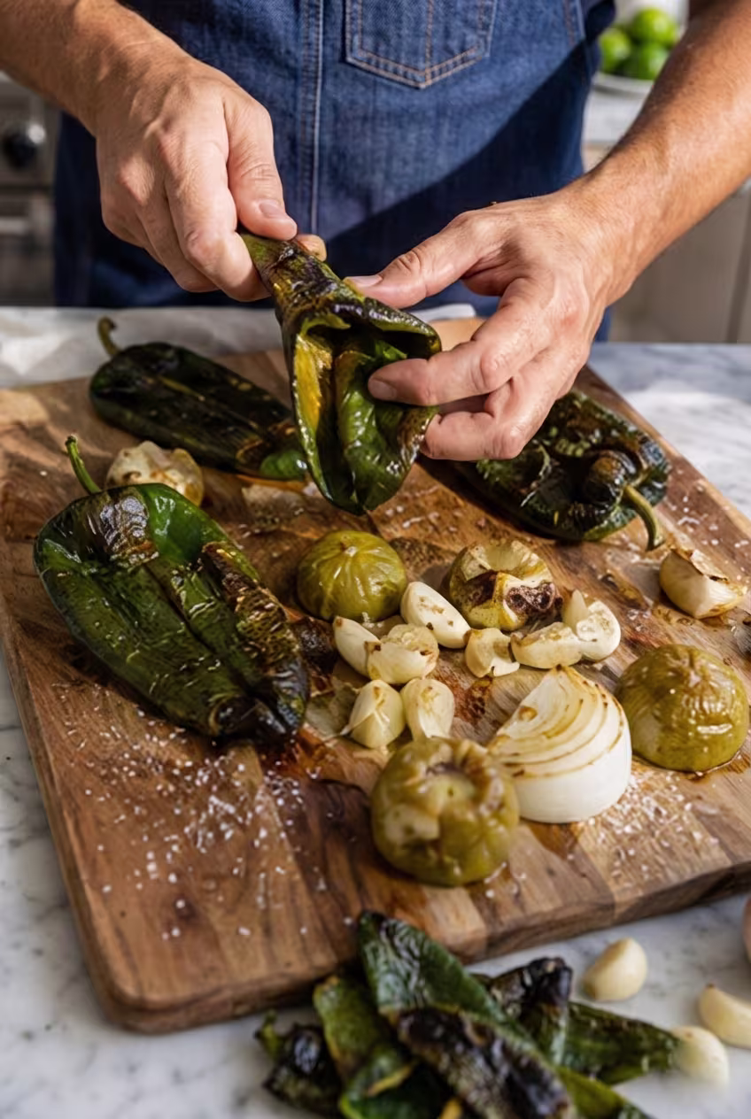 Chef peeling charred skins from roasted peppers on a wooden board with garlic and tomatillos.
