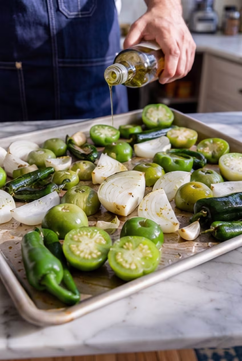 Chef drizzling olive oil over halved tomatillos, onions, and jalapeños on a baking sheet for roasted tomatillo sauce.