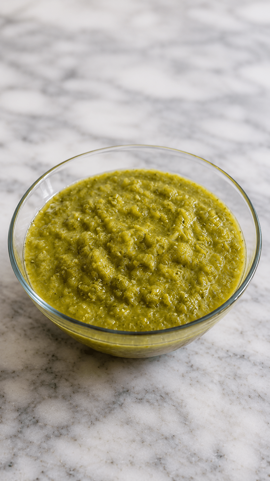 Homemade roasted tomatillo salsa verde by Chef Thomas in a glass bowl on marble countertop with rich green texture