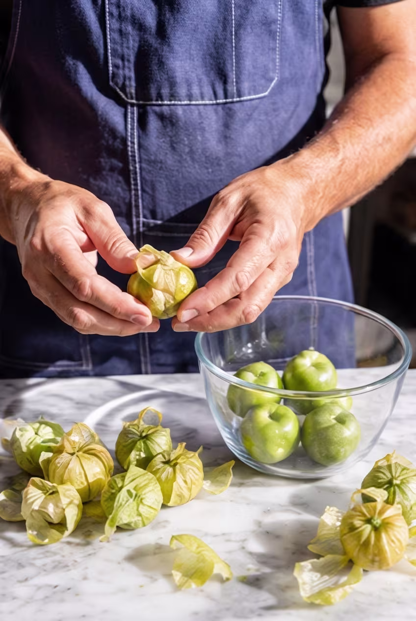 Chef peeling fresh tomatillos on a marble counter to make a roasted tomatillo sauce.