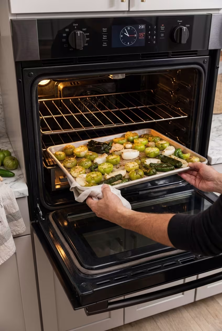 Chef sliding a baking sheet of roasted tomatillos, jalapeños, and onions out of a modern oven.
