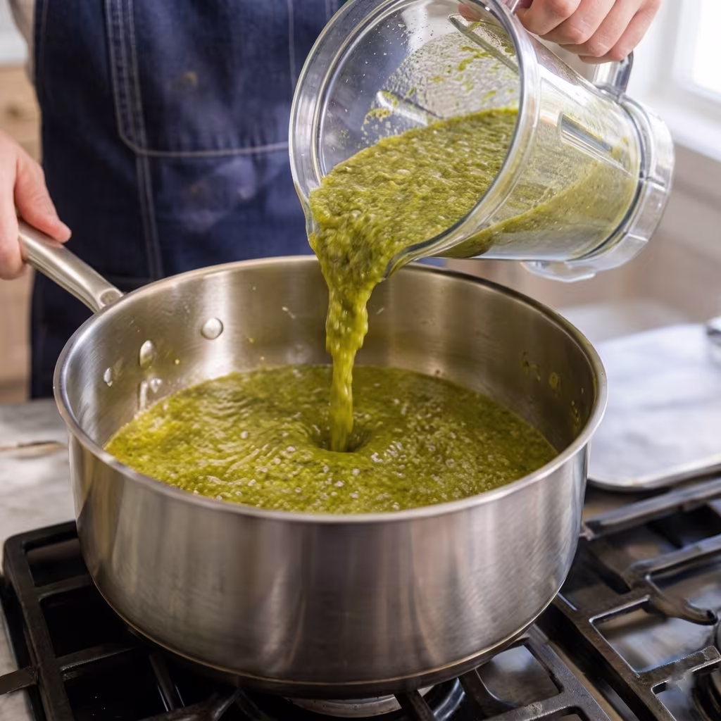 Chef pouring blended green roasted tomatillo sauce from a blender into a stainless steel pot on a stovetop.