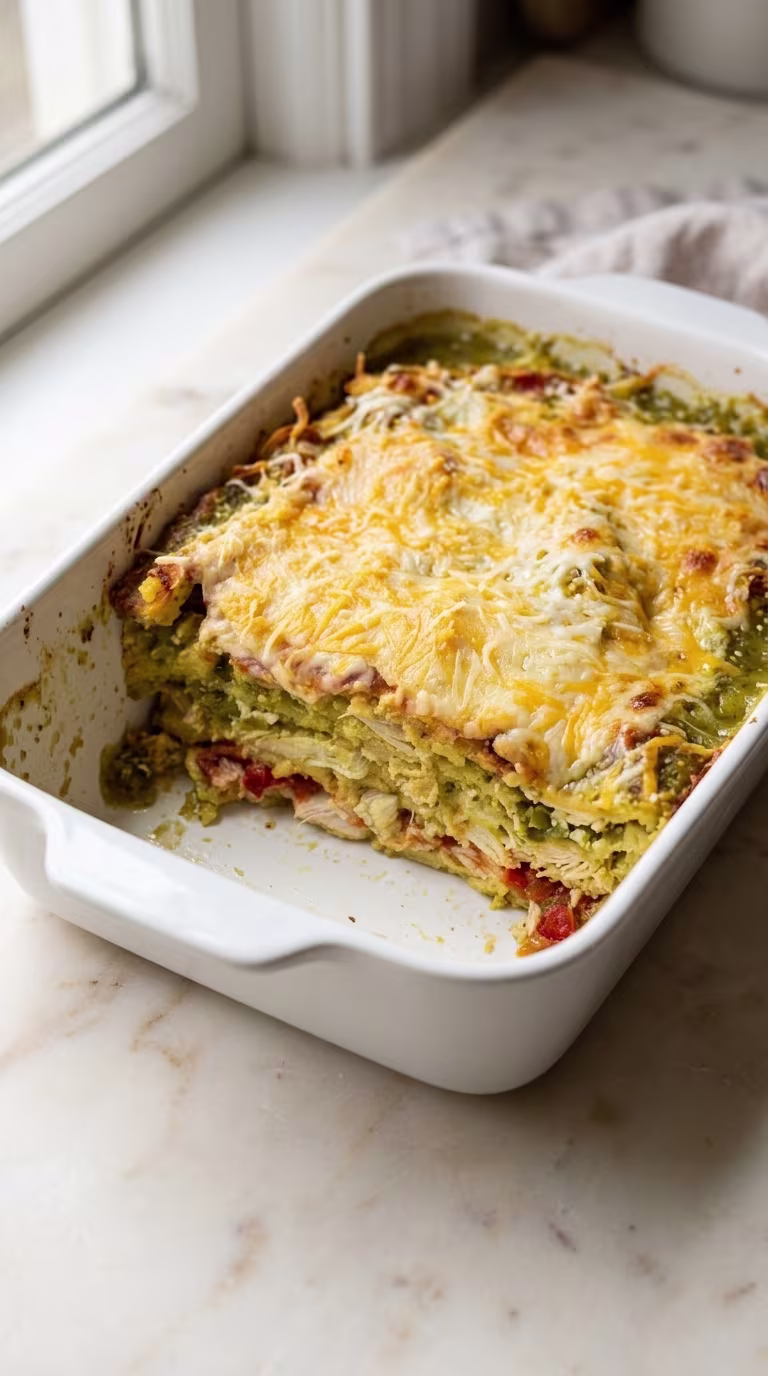 Tomatillo chicken casserole baked in a white dish with melted cheese and green tomatillo sauce
