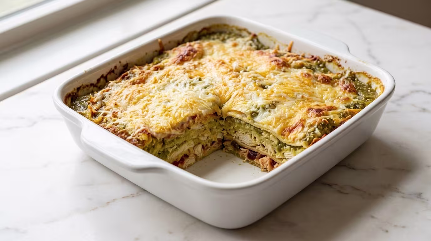 Tomatillo chicken casserole baked in a white dish with melted cheese and green tomatillo sauce
