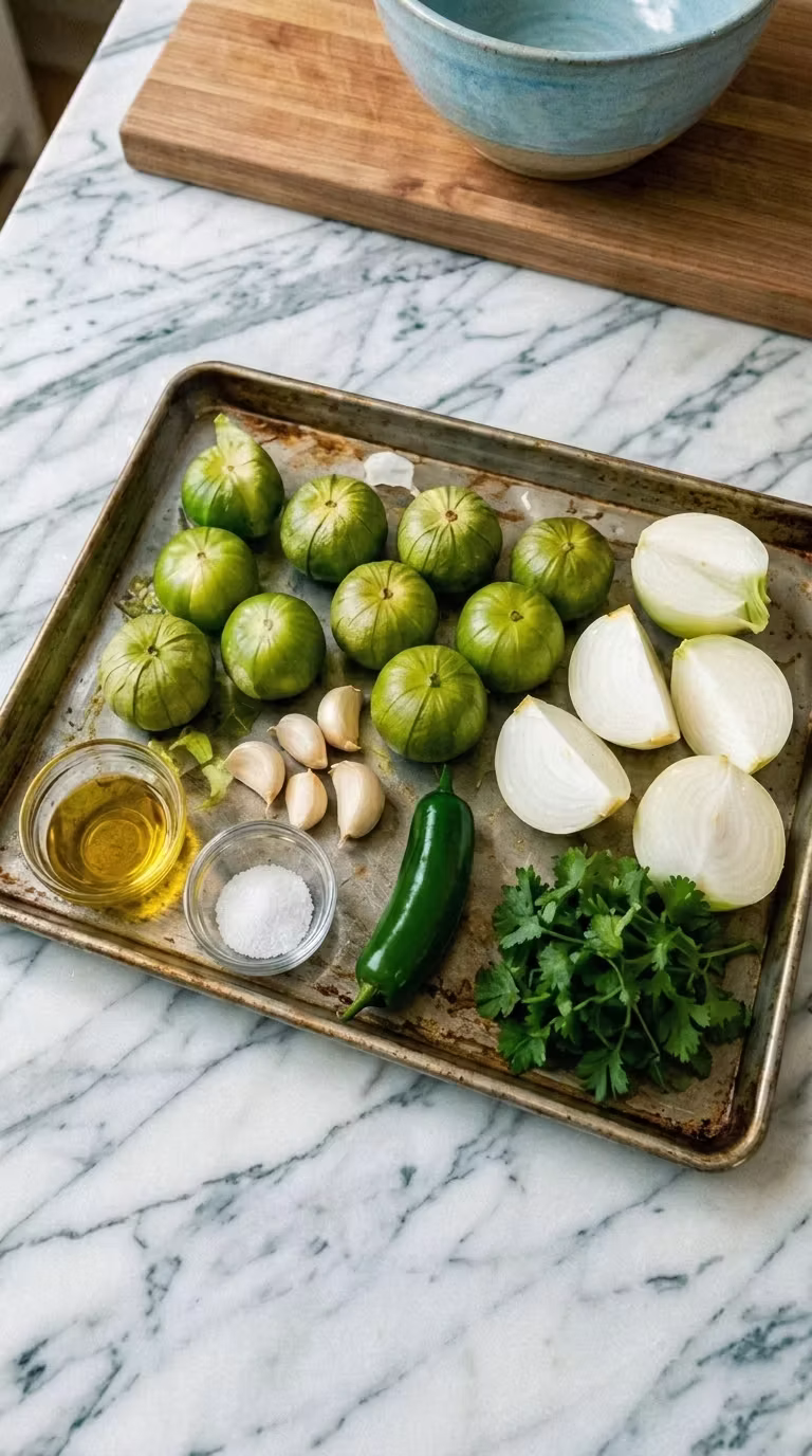 A top-down phone-style photo of fresh green tomatillos, sliced white onions, garlic cloves, a jalapeño, and cilantro on a baking sheet, prepared for Tomatillo Chicken Pasta.