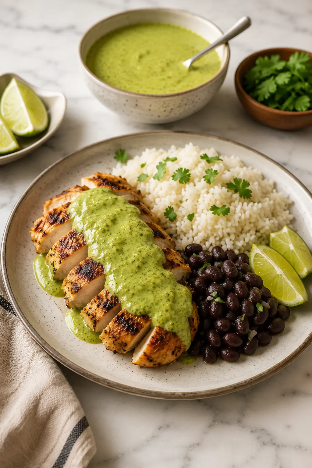Creamy tomatillo sauce Grilled chicken topped with creamy tomatillo sauce served with rice, black beans, and lime wedges