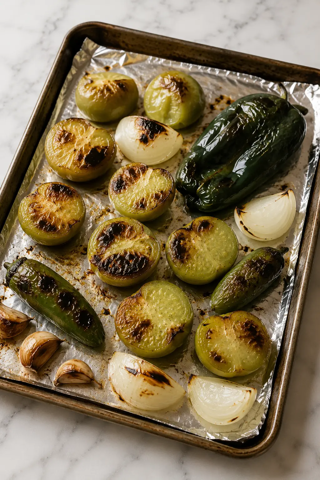Creamy tomatillo sauce Tomatillos, poblano pepper, serrano peppers, onion, and garlic roasting on a baking sheet