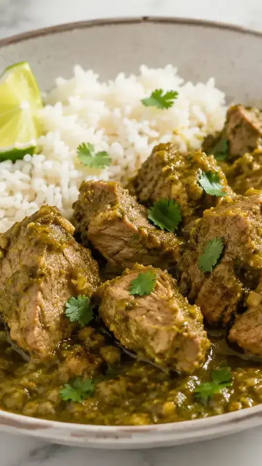 Chile verde recipe Bowl of chile verde with tender pork in green tomatillo sauce served over white rice with lime wedges.