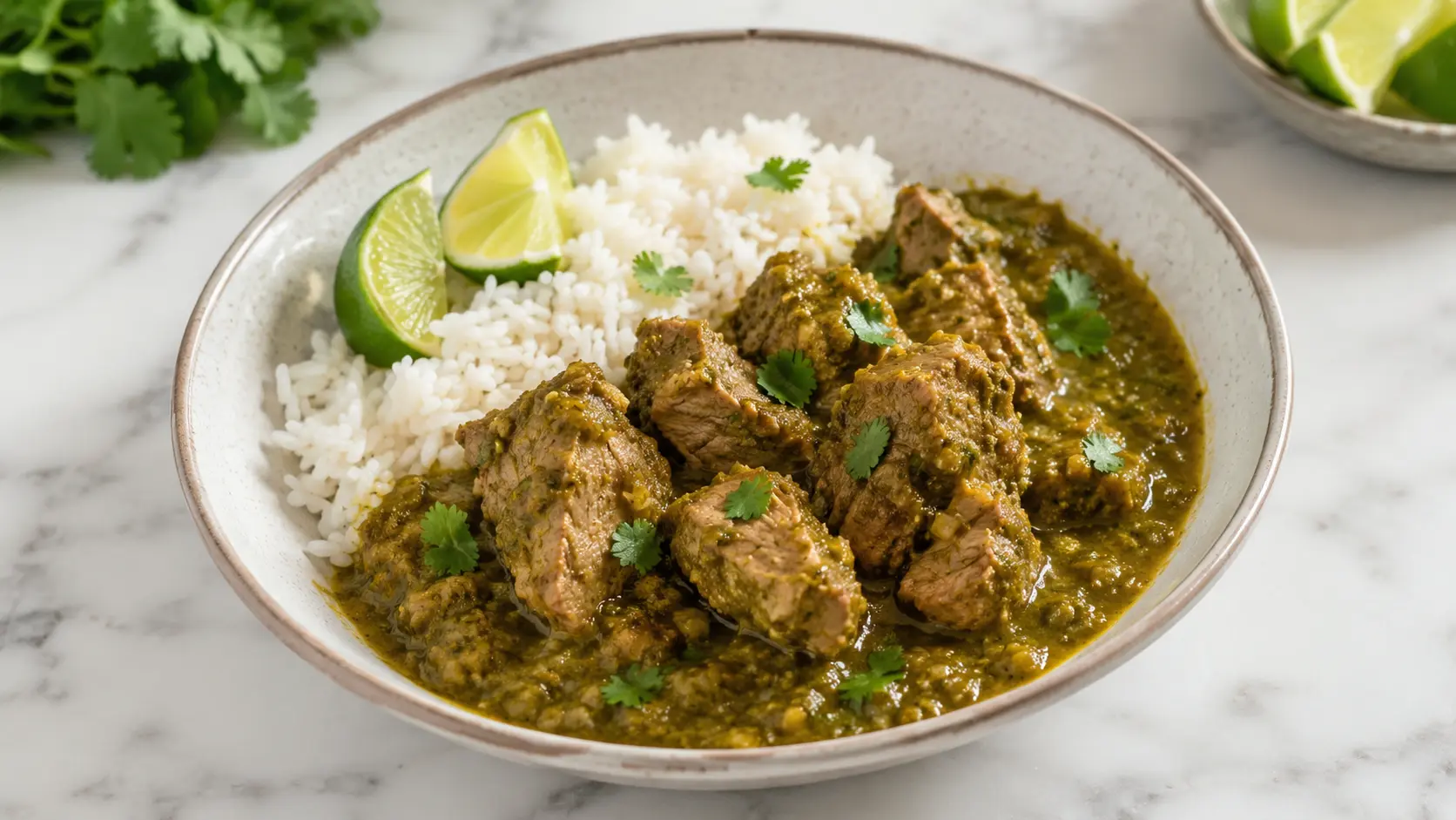 Chile verde recipe Bowl of chile verde with tender pork in green tomatillo sauce served over white rice with lime wedges.