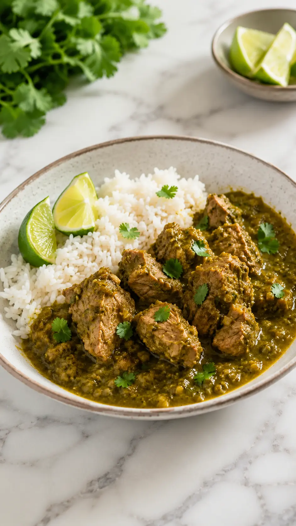 Chile verde recipe Bowl of homemade chile verde with tender pork in green tomatillo sauce served with white rice and lime wedges.