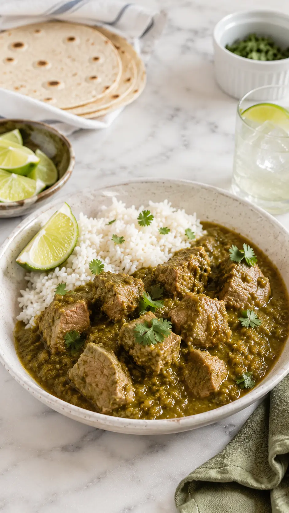Chile verde recipe Homemade chile verde with tender pork in green tomatillo sauce served over white rice with lime wedges and warm tortillas.
