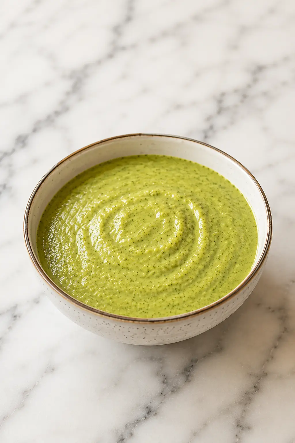 Creamy tomatillo sauce Creamy tomatillo sauce in a ceramic bowl on a white marble countertop