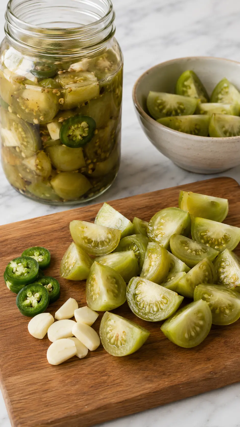 Pickled tomatillos Quartered tomatillos, sliced jalapeño, and garlic on a wooden board beside a jar of homemade pickled tomatillos.