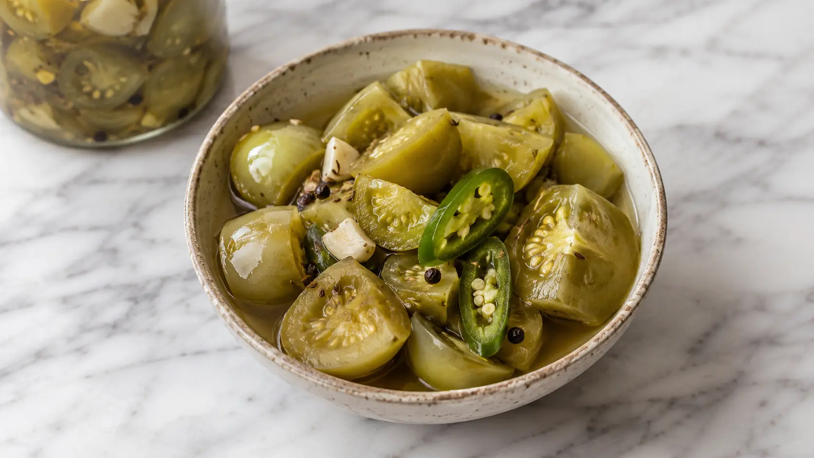 Pickled tomatillos Bowl of homemade pickled tomatillos with garlic and serrano pepper on a white marble surface.