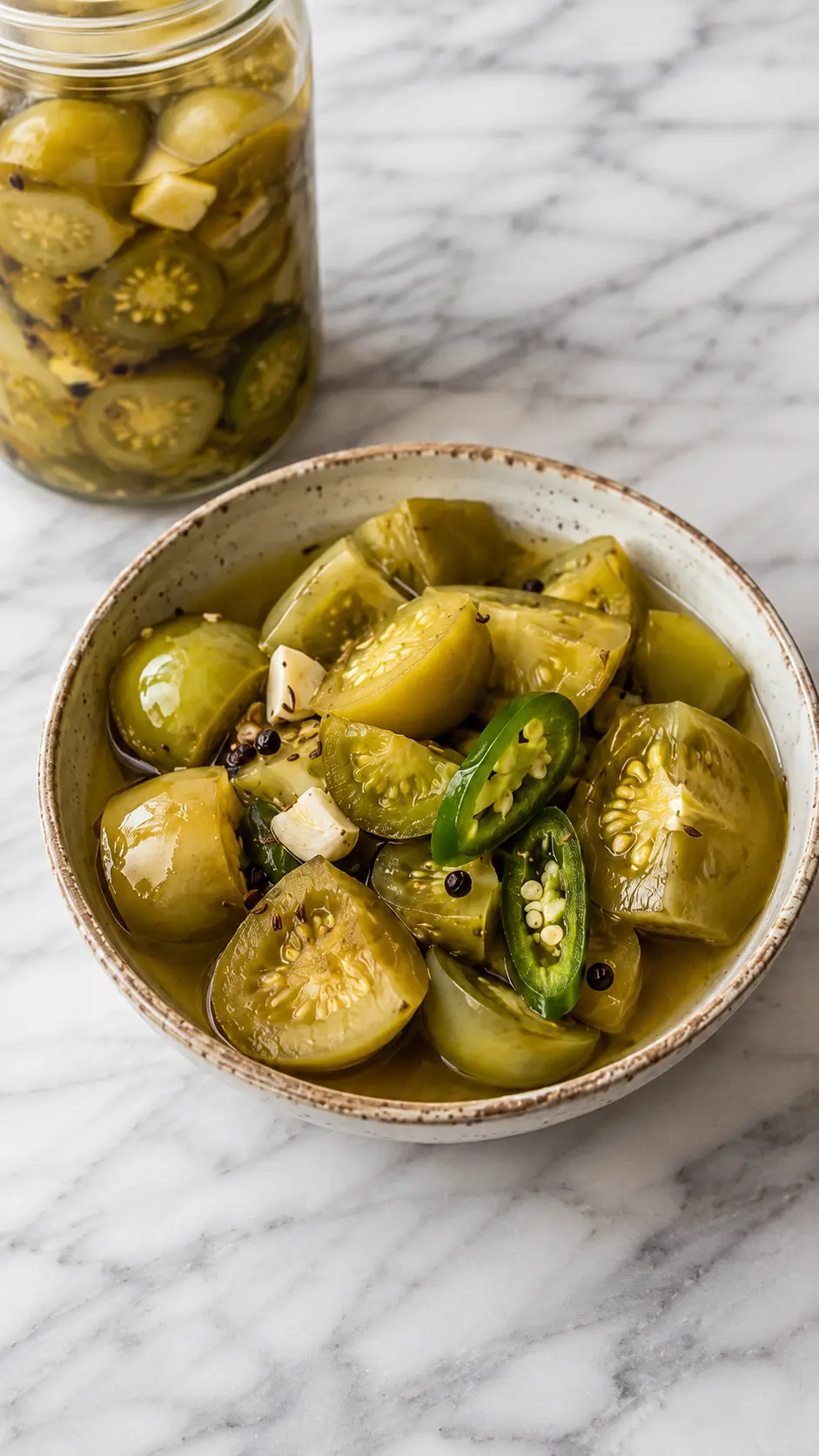 Pickled tomatillos Vertical photo of homemade pickled tomatillos with garlic and jalapeño in a ceramic bowl on white marble.