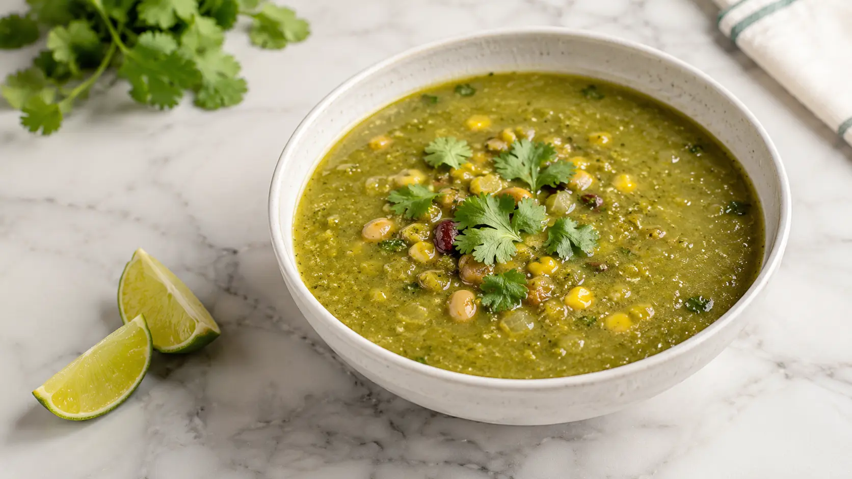 Roasted tomatillo soup Bowl of roasted tomatillo soup with beans and corn served on a white marble surface