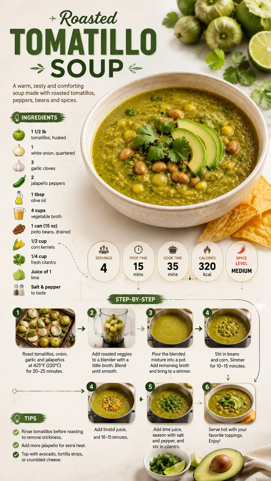 Roasted tomatillo soup 9:16 recipe infographic for roasted tomatillo soup showing ingredients, cooking steps, and a finished bowl of soup with beans and avocado