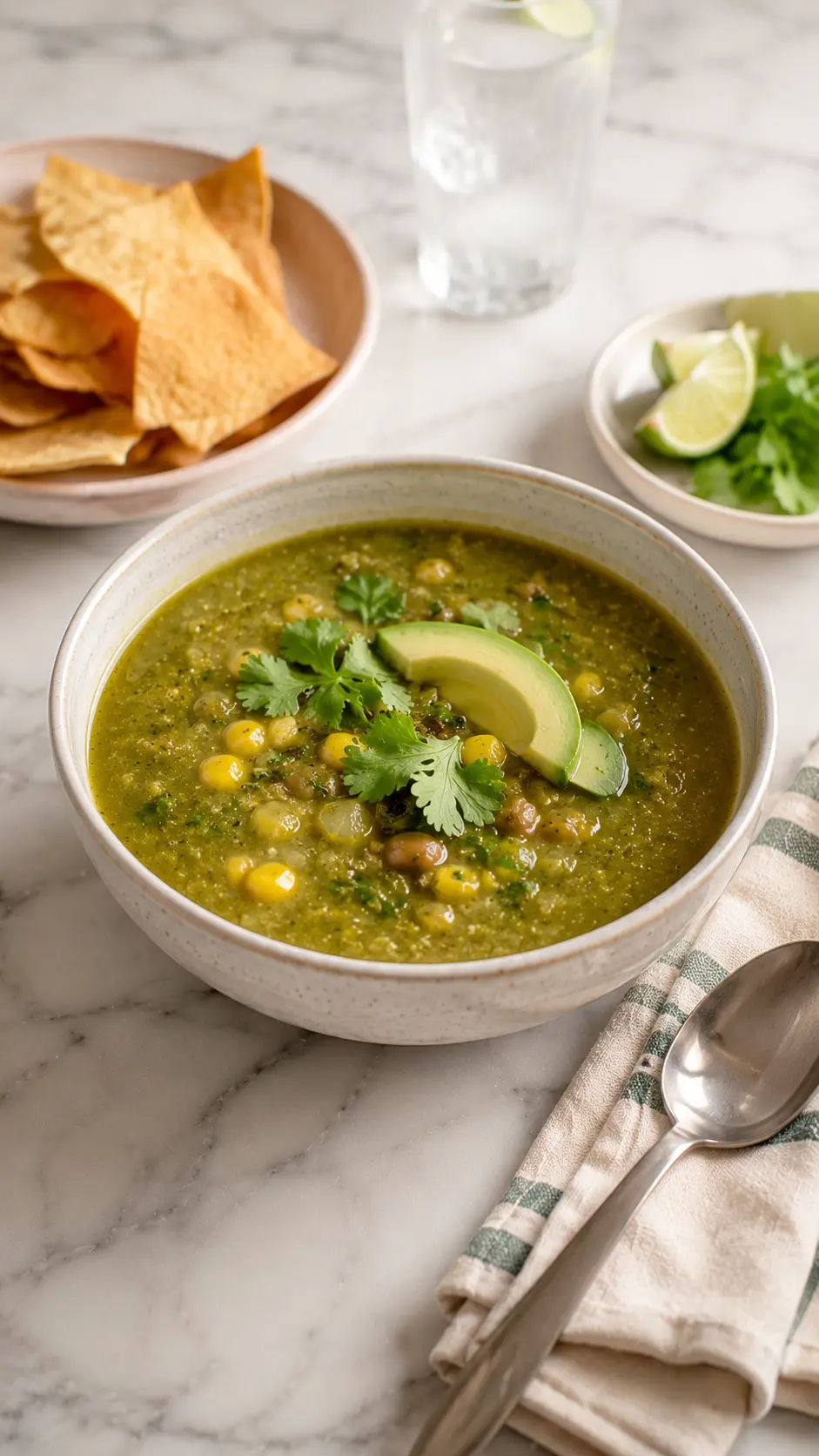 Roasted tomatillo soup Roasted tomatillo soup served with avocado, tortilla chips, and lime on a white marble table