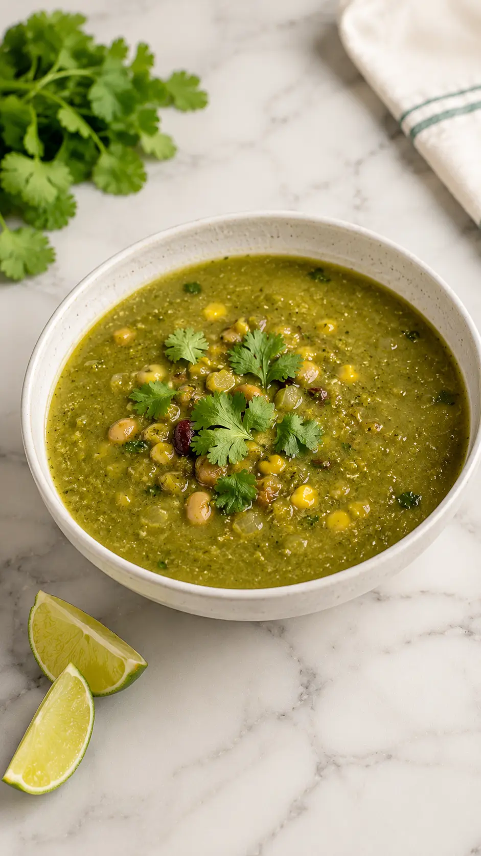 Roasted tomatillo soup Vertical photo of roasted tomatillo soup with beans, corn, and cilantro served in a ceramic bowl on white marble