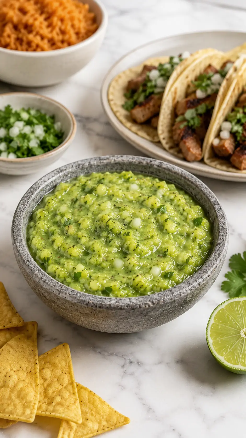 Tomatillo avocado salsa Homemade tomatillo avocado salsa served with grilled tacos, tortilla chips, rice, lime, and cilantro on a white marble countertop.