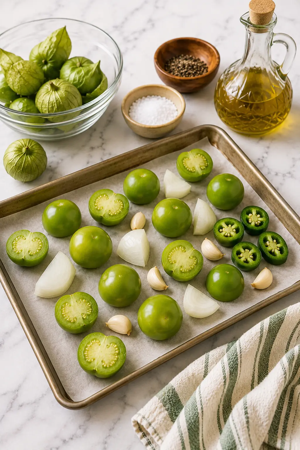 Tomatillo avocado salsa Halved fresh tomatillos arranged on a baking sheet with garlic, onion, and sliced jalapeños before roasting for tomatillo avocado salsa.