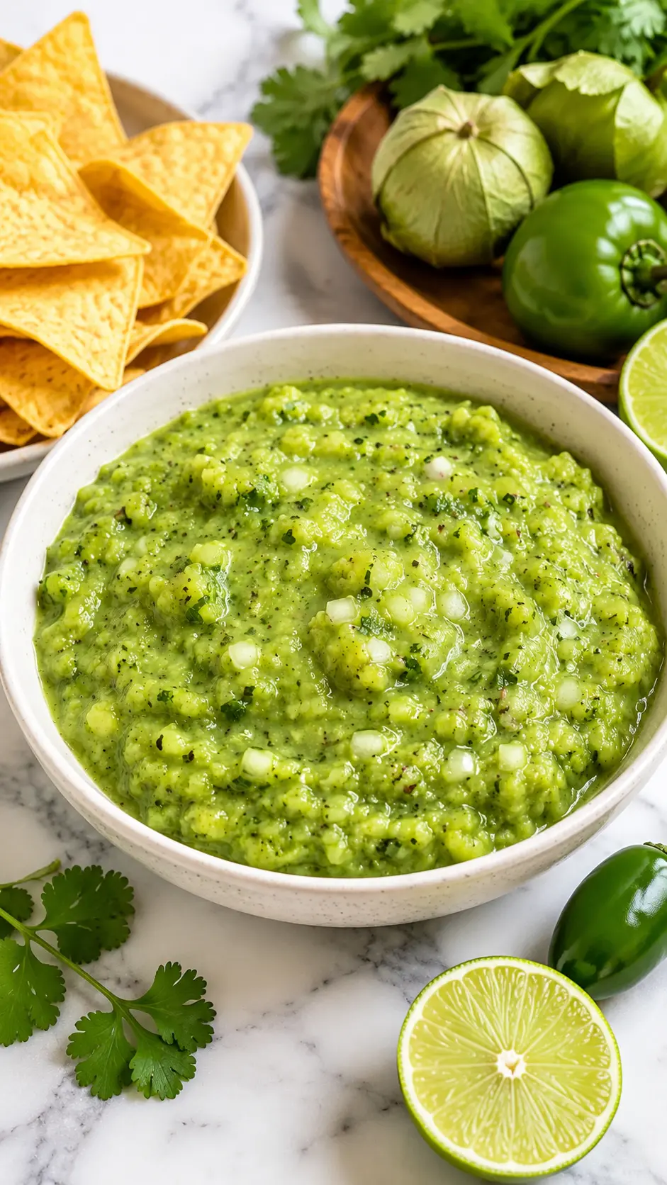 Tomatillo avocado salsa Creamy homemade tomatillo avocado salsa in a ceramic bowl with tortilla chips, fresh tomatillos, jalapeños, cilantro, and lime on a white marble countertop.