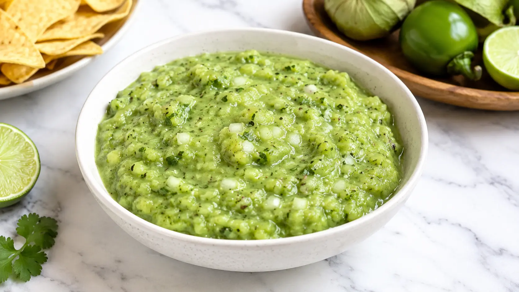 Tomatillo avocado salsa Bowl of homemade tomatillo avocado salsa served on a white marble surface with tortilla chips, fresh tomatillos, lime, and cilantro.
