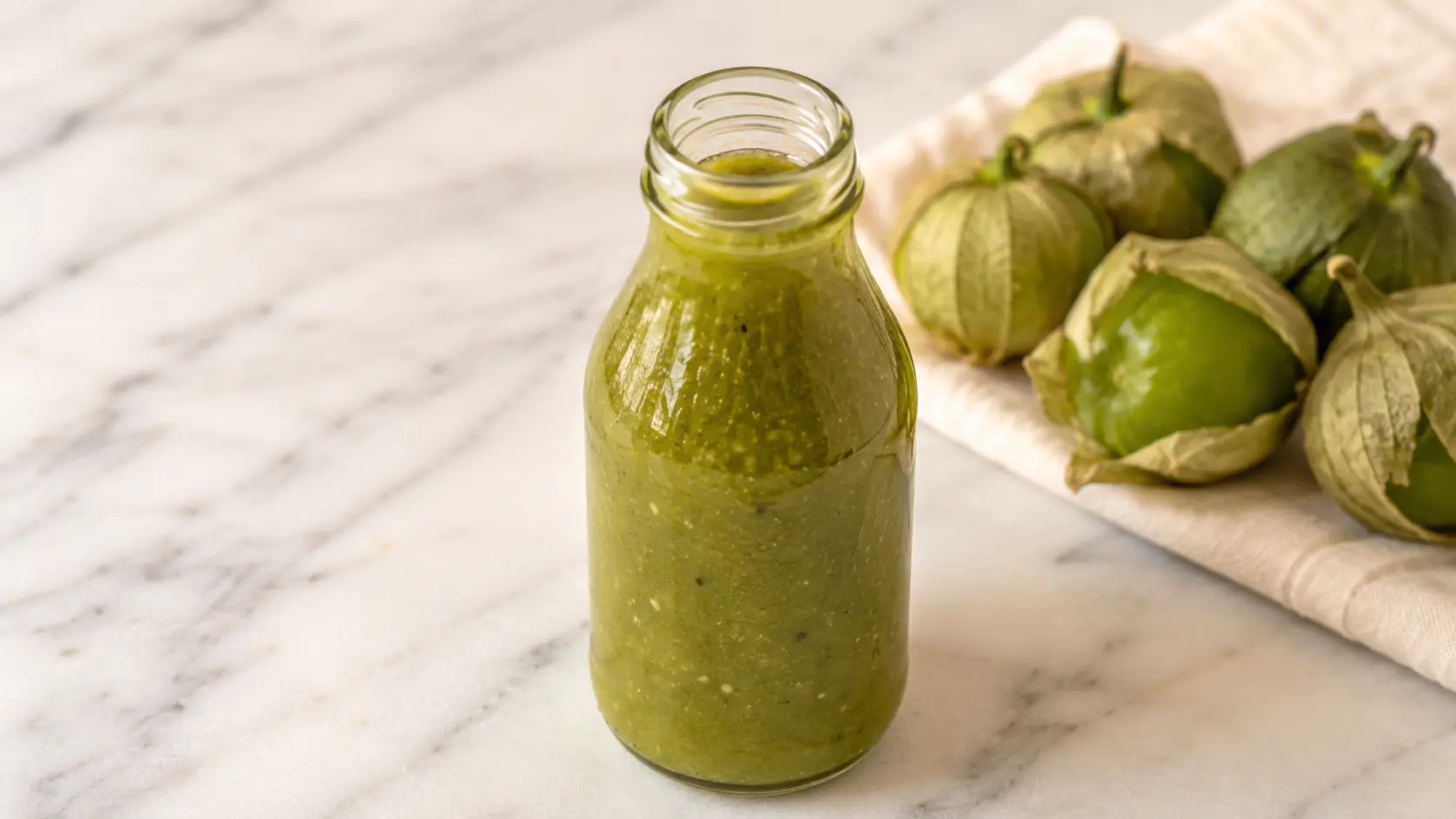 Tomatillo hot sauce Glass bottle of homemade tomatillo hot sauce on a white marble surface with fresh tomatillos in the background.
