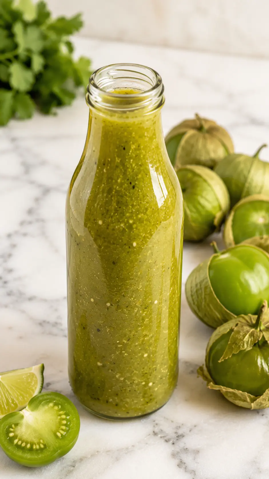 Tomatillo hot sauce Vertical 9:16 photo of homemade tomatillo hot sauce in a glass bottle with fresh tomatillos on a white marble surface.