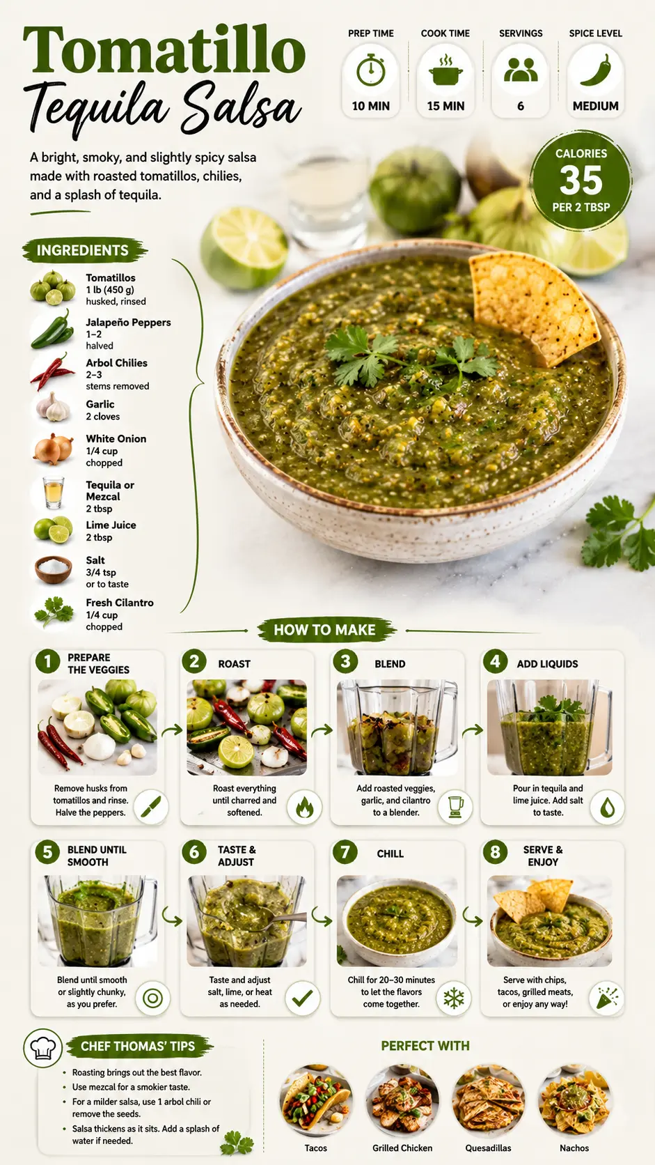 Tomatillo tequila salsa Vertical infographic showing how to make Tomatillo tequila salsa with ingredients, step-by-step instructions, and serving ideas