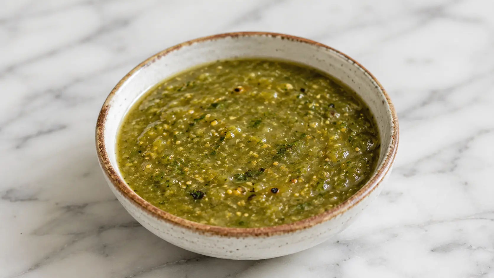 Tomatillo tequila salsa Bowl of homemade tomatillo tequila salsa served on a white marble surface