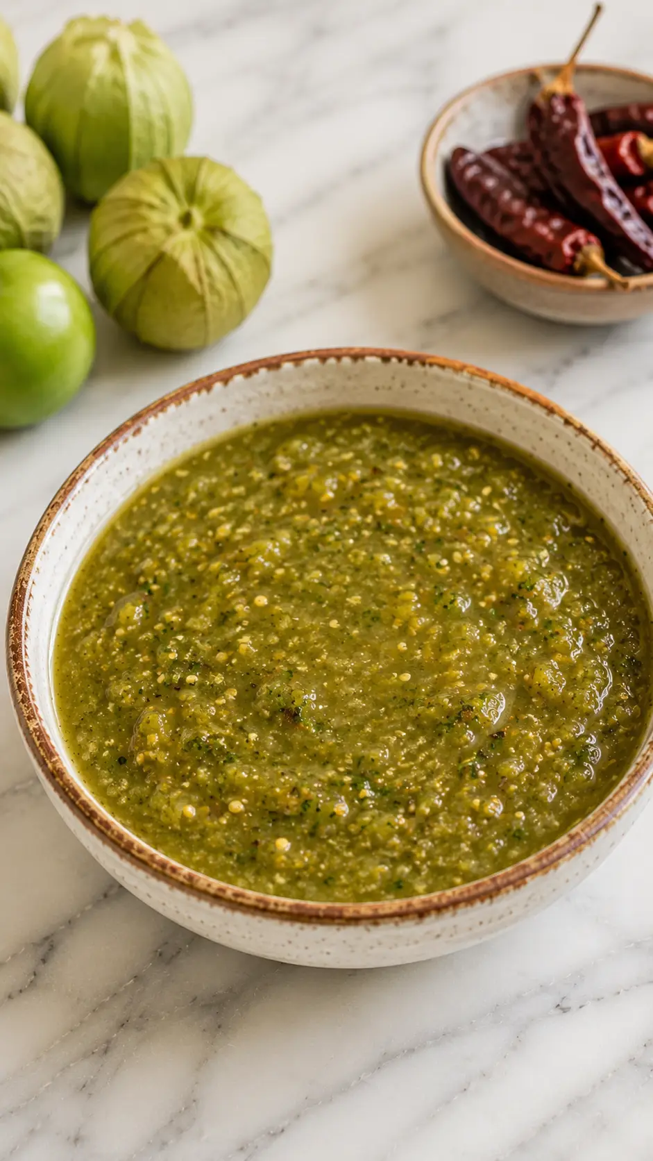 Tomatillo tequila salsa Vertical photo of homemade tomatillo tequila salsa in a ceramic bowl on a white marble surface