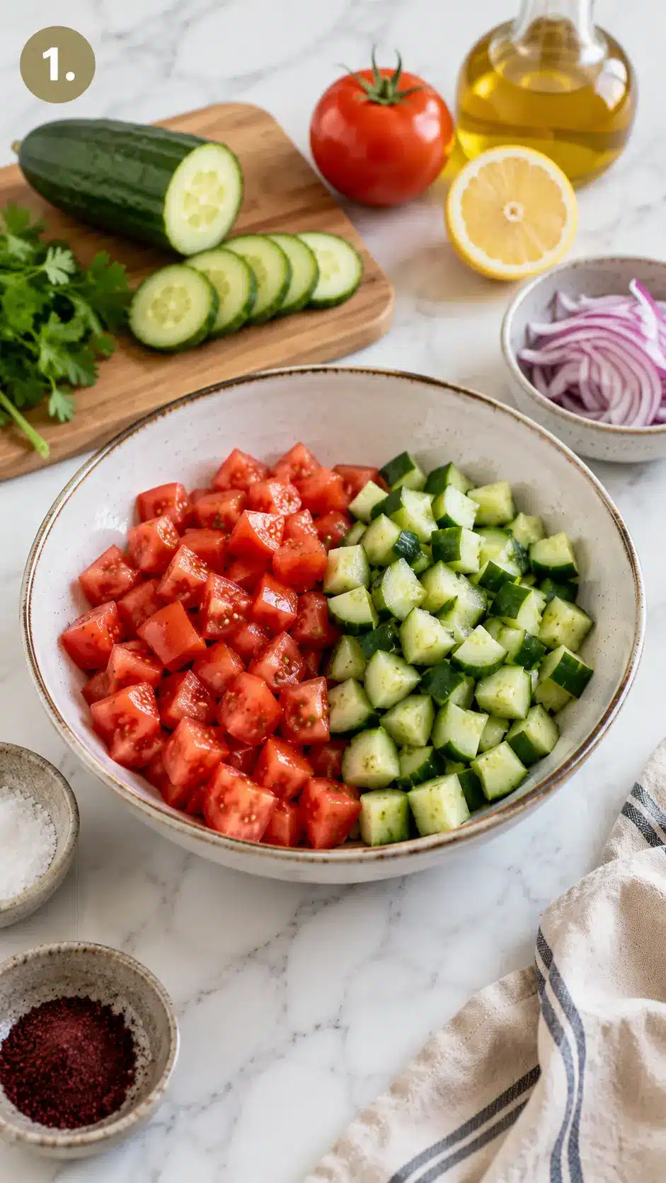 Mediterranean Lemon Cucumber Salad Step 1 of Mediterranean Lemon Cucumber Salad with diced tomatoes and cucumber in a mixing bowl, parsley, onion, olive oil, lemon, and sumac on a white marble countertop.