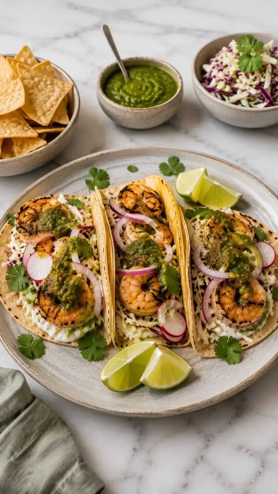 Tomatillo shrimp tacos Tomatillo shrimp tacos served with grilled shrimp, green tomatillo salsa, shredded cabbage, red onion, and lime wedges on a white plate