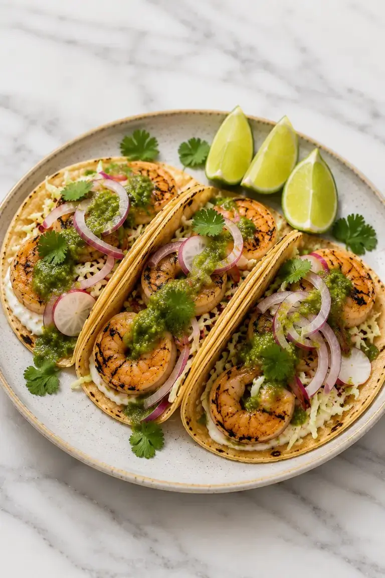 Tomatillo shrimp tacos Tomatillo shrimp tacos with grilled shrimp, green tomatillo salsa, shredded cabbage, red onion, and lime wedges on corn tortillas