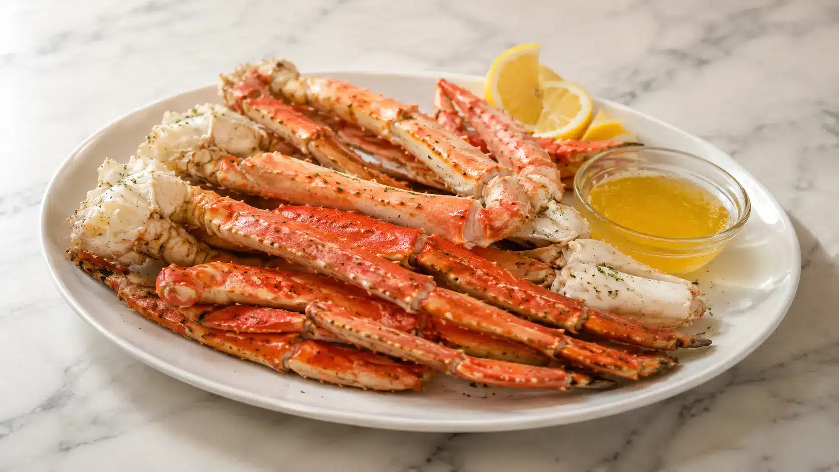 Baked Crab Legs Recipe served on a white platter with melted butter and fresh lemon wedges on a white marble surface.
